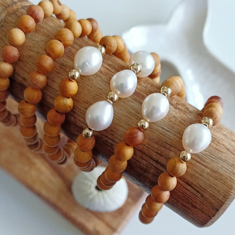 Sandalwood White Pearl Bracelet Stacking Bracelets
